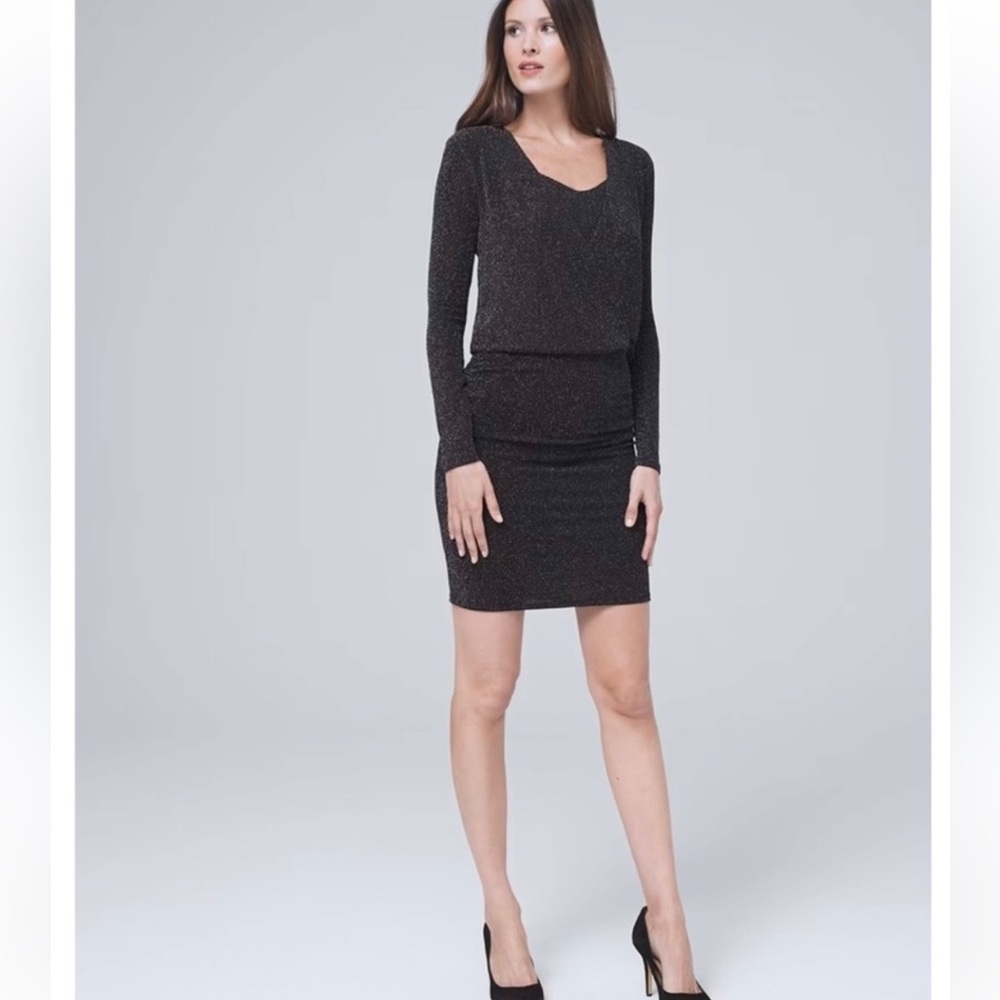 White House Black Market Shimmering Metallic Black Long Sleeve Dress Size 12